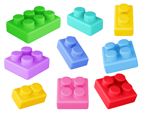 Plastic constructor bricks set isolated on white background. Vector realistic illustration of colorful plastic construction blocks for education games, present for child, creativity development toys