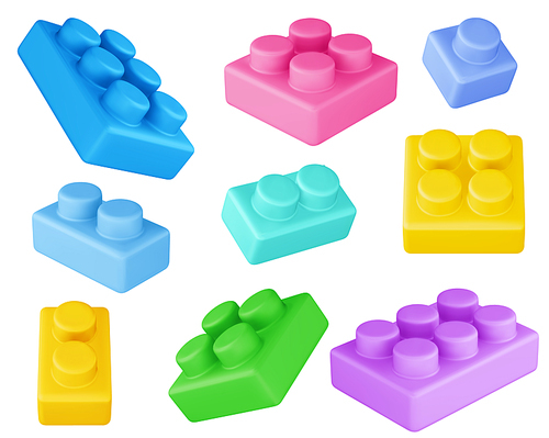 Plastic constructor bricks set isolated on white background. Vector realistic illustration of colorful plastic construction blocks for education games, present for child, creativity development toys