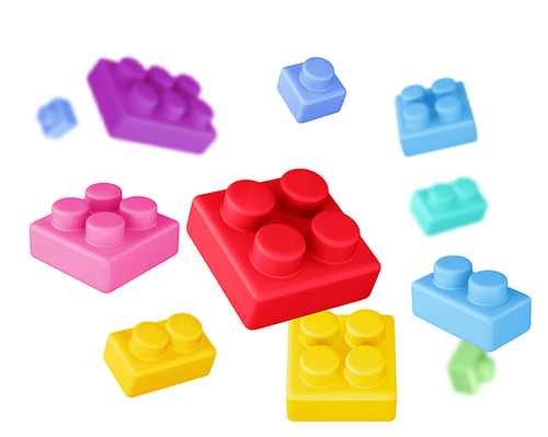 Plastic toy bricks block background. Realistic 3d vector illustration of flying kid game build puzzle boxes. Child shop or activity bg with floating geometric shape pieces for fun and education.