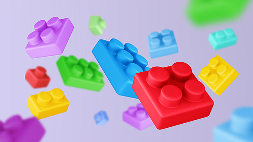 Plastic toy bricks block background. Realistic 3d vector illustration of flying kid game build puzzle boxes. Child shop or activity bg with floating geometric shape pieces for fun and education.