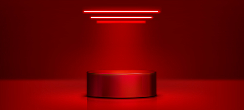 Red cylinder product podium in studio room interior with floor and wall, and neon light led lamps on top. Realistic 3d vector illustration with empty goods display platform and stage mockup.