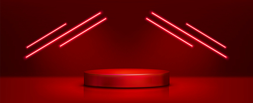 Red cylinder product podium in studio room interior with floor and wall, and neon light led lamps on top. Realistic 3d vector illustration with empty goods display platform and stage mockup.