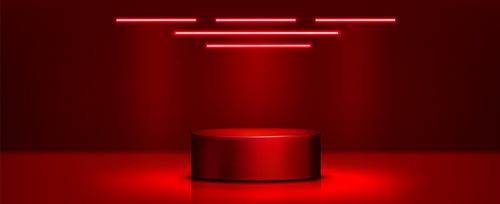 Red cylinder product podium in studio room interior with floor and wall, and neon light led lamps on top. Realistic 3d vector illustration with empty goods display platform and stage mockup.