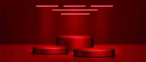 Red cylinder product podiums in studio room interior with floor and wall, and neon light led lamps on top. Realistic 3d vector illustration with empty goods display platforms and stage mockup.