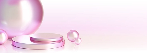 Hologram iridescent cylinder stairs podium with glass decorative sphere on abstract pastel gradient pink background. 3d metal showcase platform with holographic effect for goods demonstration.