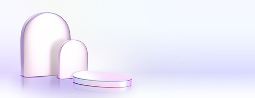 3D holographic arch shape objects isolated on purple and white gradient background. Vector realistic illustration of abstract geometric podium for product presentation with iridescent glossy surface