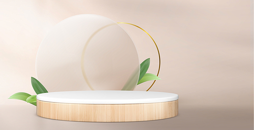 Round wooden podium with green leaves and glass morphism elements on beige background. Vector realistic illustration of blank cylinder platform for organic product presentation, golden ring decor