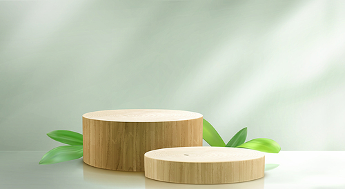 Round light brown wooden 3d product podium with green plant leaf and natural shadow on pastel wall. Showcase platform with wood texture for goods display. Realistic vector mockup of promo pedestal.