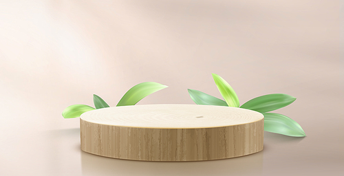 Round light brown wooden 3d product podium with green plant leaf and natural shadow on pastel wall. Showcase platform with wood texture for goods display. Realistic vector mockup of promo pedestal.