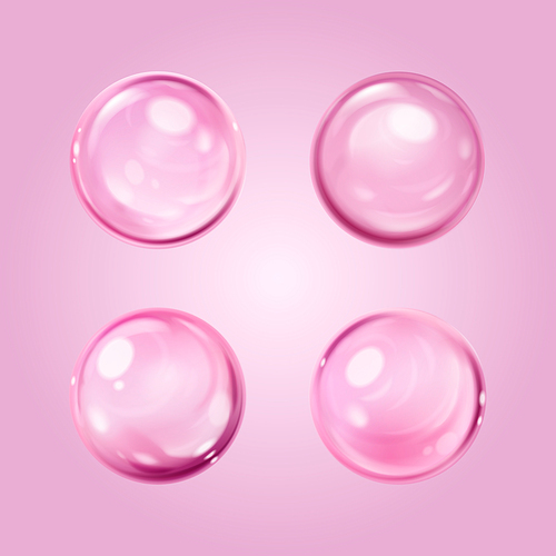 Pink collagen cell for skin care concept. Realistic 3d vector illustration set of transparent oil ball drop. liquid cosmetic sphere for face and body moisture essence or vitamin product design.