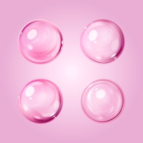 Transparent serum drops set isolated on background. Vector realistic illustration of pink cosmetic gel blobs, round soap bubbles with light reflection, skin care oil sample, vitamin essence swatch