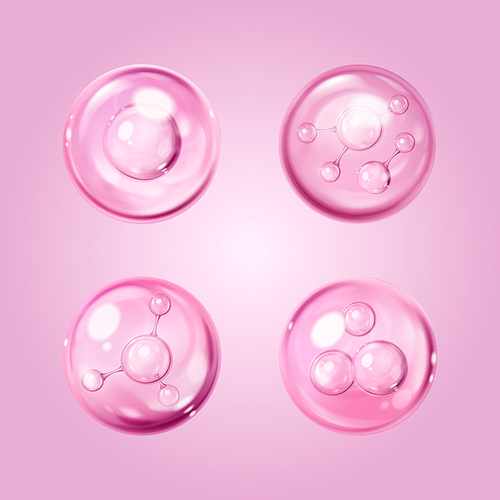 Serum drops set with molecule structure isolated on background. Vector realistic illustration of pink cosmetic gel blobs, bubbles with light reflection, skin care oil sample, dermatology lab science