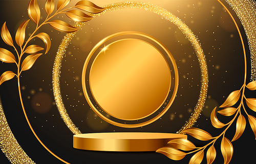 Gold award stage with laurel frame, cylinder podium and circle decorative elements on wall. Realistic 3d vector luxury black bg with golden platform, plant branches, glowing glitter and light beams.