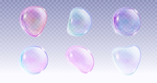 Transparent soap ball with pink, blue and purple iridescent gradient color. Realistic 3d vector illustration set of rainbow shampoo and wash foam sphere. Flying soapy glossy water irregular sphere.