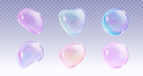 Color soap bubbles set isolated on transparent background. Vector realistic illustration of shampoo and water balls with light reflection on iridescent surface, laundry or bathroom design elements