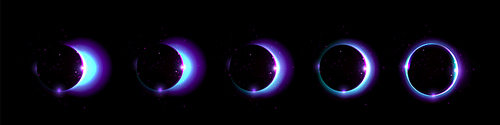 Stages of eclipse of sun by moon. Realistic vector illustration set of different steps of stellar corona from crescent to ring. Blue astronomy galaxy circle with neon glow effect, rays and sparkles.