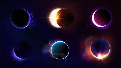 Total and partial solar eclipse with different neon glow colors on dark night sky background. Realistic vector illustration set of abstract cosmos sun corona with circle and crescent bright shine.