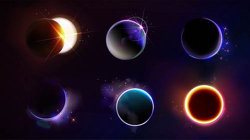 Total and partial solar eclipse with different neon glow colors on dark night sky background. Realistic vector illustration set of abstract cosmos sun corona with circle and crescent bright shine.