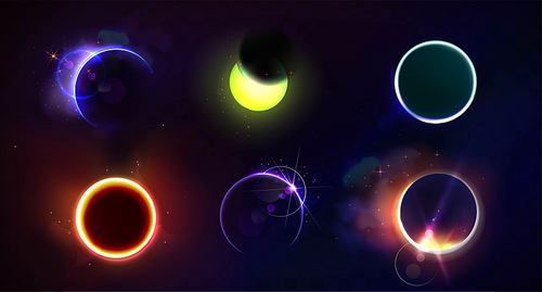 Total and partial solar eclipse with different neon glow colors on dark night sky background. Realistic vector illustration set of abstract cosmos sun corona with circle and crescent bright shine.