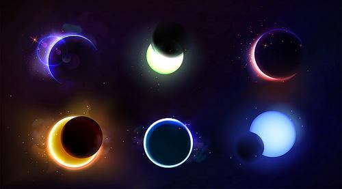 Total and partial solar eclipse with different neon glow colors on dark night sky background. Realistic vector illustration set of abstract cosmos sun corona with circle and crescent bright shine.