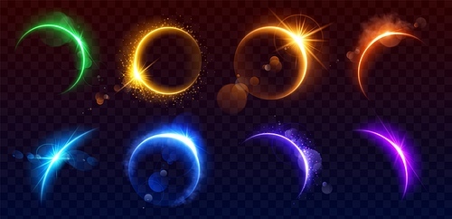 Realistic set of solar eclipse overlay effect on transparent background. Vector illustration of neon blue, yellow, green, purple blazing star edge behind planet in dark sky. Space design elements