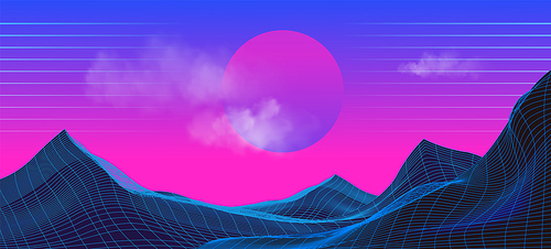 Synthwave retro background with grid mountain and neon pink sunset. Realistic vector illustration of new retro wave backdrop in 80s style. Abstract wireframe geometric hills landscape with sun.