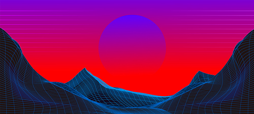 Synthwave retro background with grid mountain and neon pink sunset. Realistic vector illustration of new retro wave backdrop in 80s style. Abstract wireframe geometric hills landscape with sun.