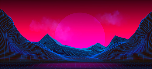 Synthwave retro background with grid mountain and neon pink sunset. Realistic vector illustration of new retro wave backdrop in 80s style. Abstract wireframe geometric hills landscape with sun.