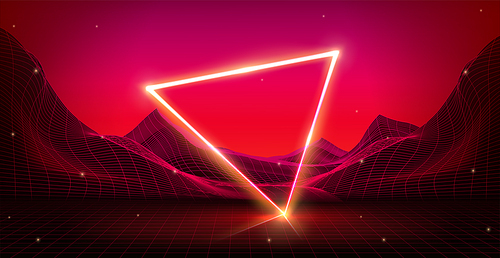 Synthwave background with abstract grid mountain landscape and bright glowing neon triangle. Realistic vector illustration of new retro wave style backdrop for music cover or retrofuturistic banner.