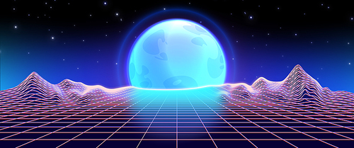 Retro synthwave background with abstract grid mountain landscape with blue glowing full moon on sky. Realistic 3d vector illustration of abstract retrowave surface for futuristic digital design.