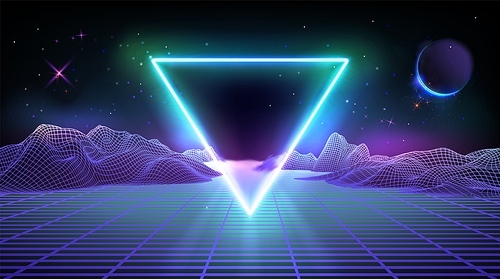 Futuristic cyber background with abstract neon glow blue and purple 3d wireframe mountain map with planets in space and bright light triangle. New retro wave, techno and synthwave cosmic bg.