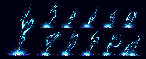 Lightning bolt hit into ground vfx effect. Blue electric or magic thunderbolt strike, impact, crack, wizard energy flash. Powerful electrical discharge, Cartoon vector set isolated on black background