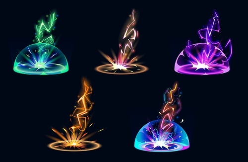 Lightning hit ground or floor with burst vfx effect, light ball and smoke clouds. Cartoon vector illustration set of colorful thunder bolt with flash and power energy splash for game ui design.