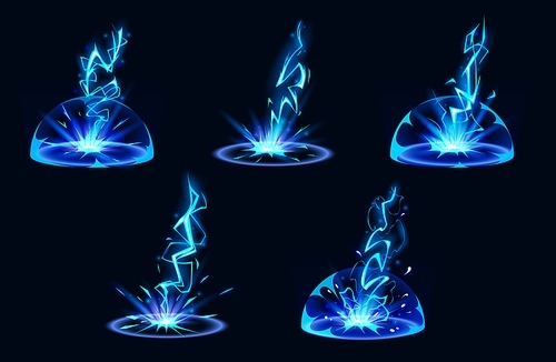 Lightning hit ground or floor with burst vfx effect, light ball and smoke clouds. Cartoon vector illustration set of blue thunder bolt with flash and power energy splash for game ui design.