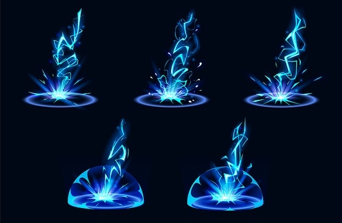 Lightning hit ground or floor with burst vfx effect, light ball and smoke clouds. Cartoon vector illustration set of blue thunder bolt with flash and power energy splash for game ui design.