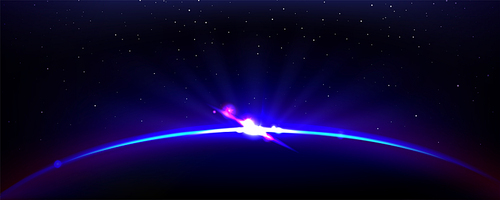 Purple planet and sun eclipse light on space horizon bg. Abstract blue sunrise in starry sky with flare at night. Bright astronomy edge shine view. 3d fantasy solar ray outer realistic effect