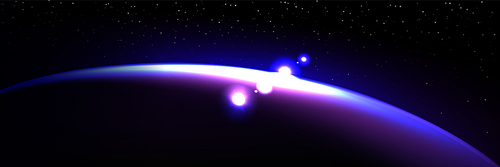 Purple planet and sun eclipse light on space horizon bg. Abstract blue sunrise in starry sky with flare at night. Bright astronomy edge shine view. 3d fantasy solar ray outer realistic effect