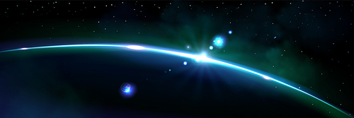 Planet horizon blue glow with rays and sparkle. Realistic 3d vector illustration of sunlight at dawn or dusk view from space. Fantasy universe sunrise or sunset light. Earth cosmos star rise.