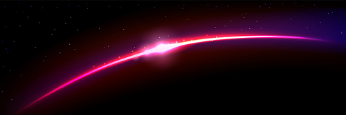 Planet horizon with pink glow on starry background. Realistic 3d vector illustration of view on sunrise or sunset from outer space. Abstract fantasy cosmos dawn or dusk crescent light with rays.