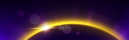 Orange planet light sun eclipse in space horizon background. Sunrise glow abstract bg. Galaxy world bright shine in starry sky realistic vector design. Solar edge and beam in purple atmosphere