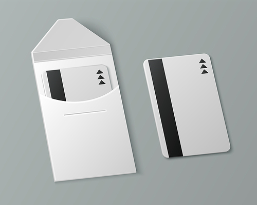 Key card with cover mockup. Realistic vector illustration of hotel and office room or apartment white empty plastic keycard template with magnetic strip and paper coverage. Safety entry technology.