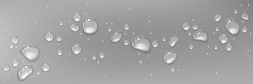 Water drops on wet surface. Vector realistic illustration of condensate, dew, cosmetic gel, serum, oil droplets, skin care product, transparent liquid bubbles, shower or bathroom wall design elements