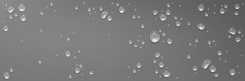 Rain water drops on grey glass surface. Realistic 3d vector illustration of smooth top with transparent droplet. Wet background with spray liquid bubbles. Scattered and spritz splash raindrops.