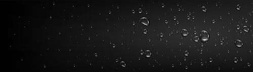 Water drops on black glass surface. Realistic 3d vector dark background with transparent rain droplets. Wet window with dew bubbles. Fresh moisture bg with spray condensation waterdrop pattern.