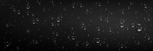 Rain water drops on glass smooth black surface. Realistic 3d vector illustration background with transparent clear aqua droplet bubbles. Wet top dark bg with pure splash waterdrop beads texture.