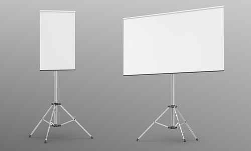 Set of whiteboards on tripod stands isolated on background. Vector realistic illustration of easel with blank rectangular sheet for business presentation, white flipchart mockup, projector canvas