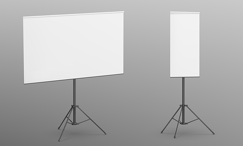 White board on tripod. Easel presentation stand. Realistic office frame for education conference or poster signage. Portable projector screen for advertising canvas display. Classroom or meeting slide