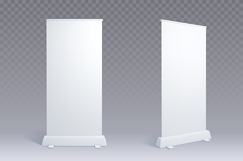 Advertising banner stand front and side view set isolated on transparent background. Vector realistic illustration of white blank information poster mockup, sale ad board, business promo equipment