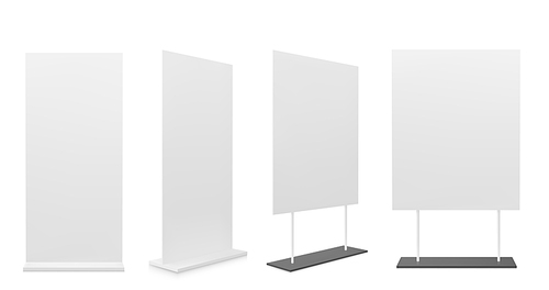 3D set of blank advertising stands isolated on white background. Vector realistic illustration of trade show booth equipment, banner mockup for product presentation, pop up poster front and side view