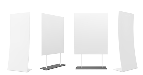 3D set of blank advertising stands isolated on white background. Vector realistic illustration of trade show booth equipment, banner mockup for product presentation, pop up poster front and side view